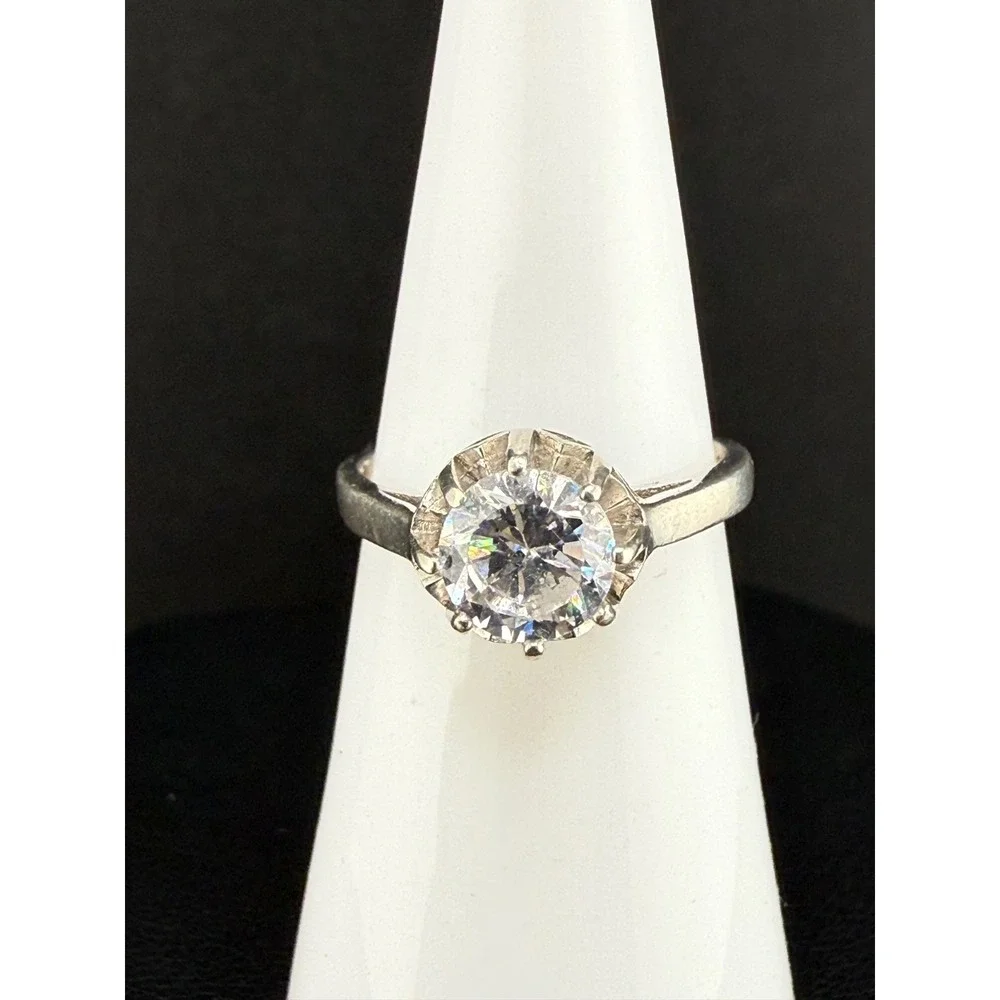 Vintage Estate Sterling Silver Rhinestone Ring Cocktail Solitaire Size 5.75